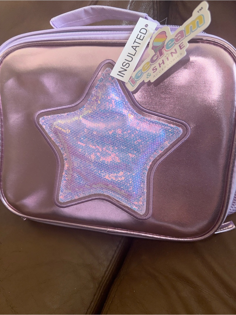 Icecream Pink Iridescent Star Sequin Insulated Lunch Bag